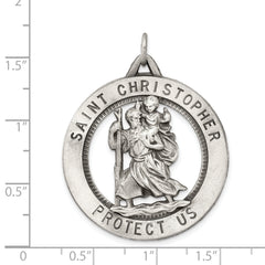 Sterling Silver 925 St. Christopher Medal with Antiqued Finish 41mm Solid Pendant