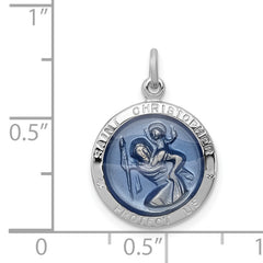 Sterling Silver Rhodium-Plated St. Christopher Medal with Blue Epoxy Detailing