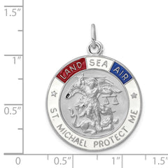 Sterling Silver 925 Enameled Saint Michael Pendant Polished Rhodium-Plated