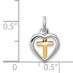 Sterling Silver 925 Cross in Heart Charm with Gold Vermeil Accent