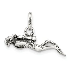 Sterling Silver 925 Antiqued Scuba Diver Charm with 3D Solid Design