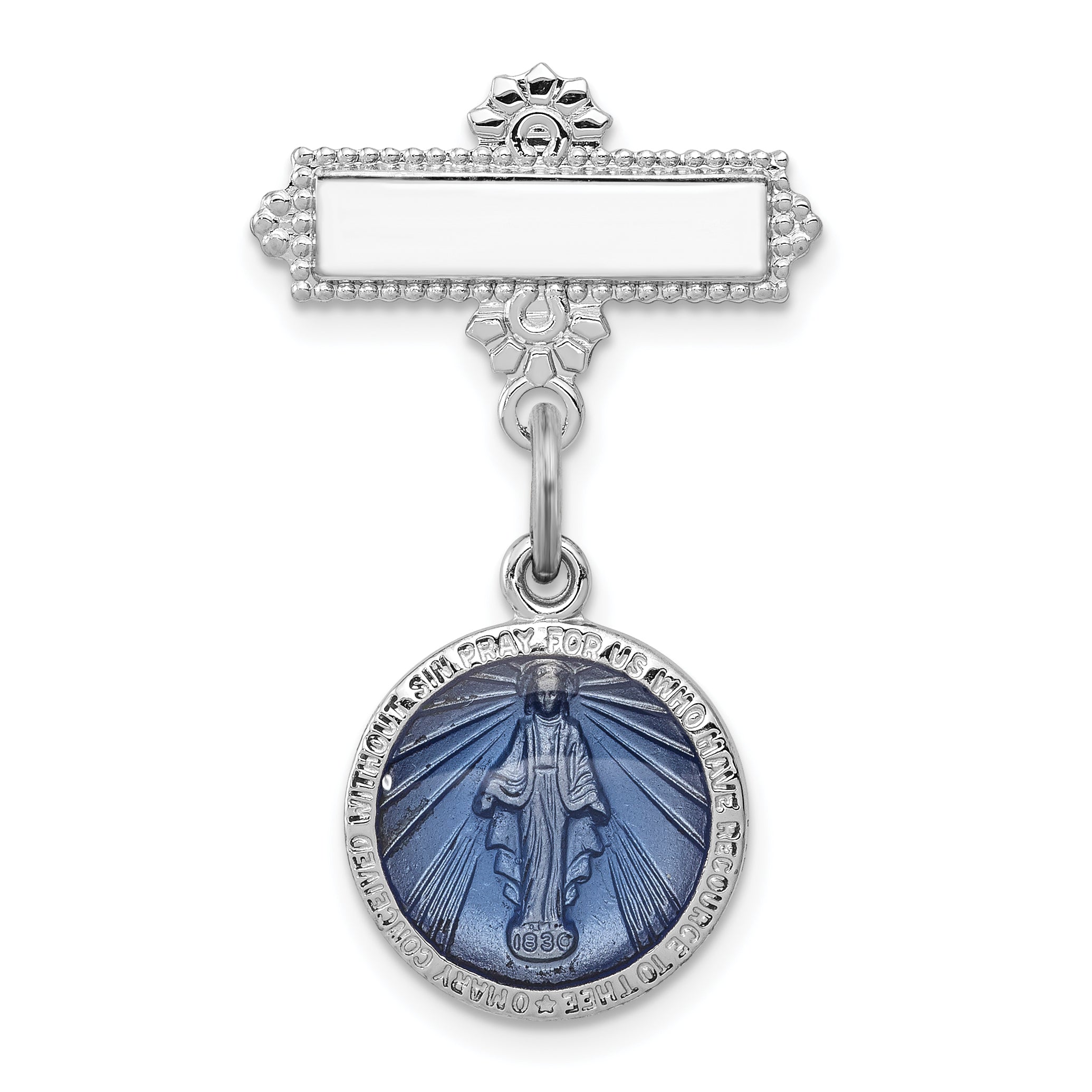 Sterling Silver Rhodium-plated Enameled Miraculous Medal Pin