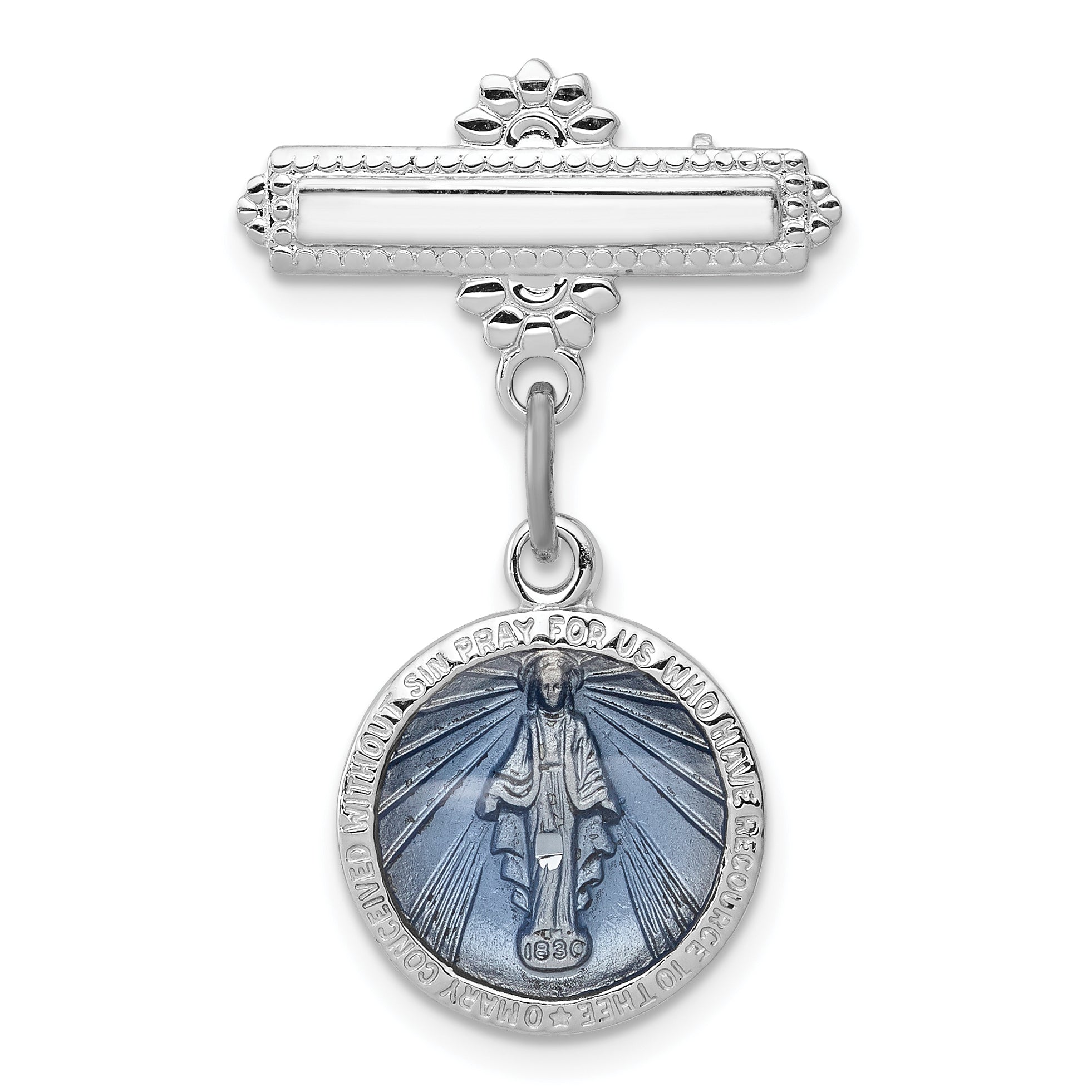 Sterling Silver Rhodium-plated Enameled Miraculous Medal Pin
