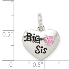 Sterling Silver Rhodium-Plated Big Sis Heart Charm with Pink CZ