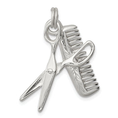 Sterling Silver 925 Polished Comb & Scissor Charm with Rhodium Finish