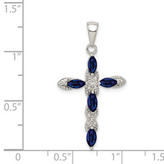 Sterling Silver 925 Sapphire & Diamond Cross Pendant Polished Elegant Design