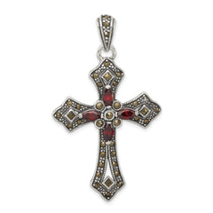 Sterling Silver Antiqued Red Marquise CZ Marcasite Cross Pendant