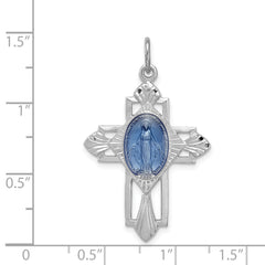 Sterling Silver 925 Miraculous Medal Cross Pendant with Blue Accents