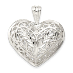 Sterling Silver 925 Polished Puffed Heart Pendant with Filigree Design