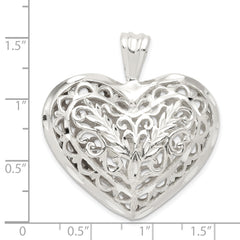 Sterling Silver 925 Polished Puffed Heart Pendant with Filigree Design