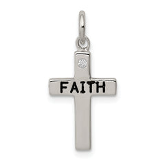 Sterling Silver Rhodium-plated Black Ink FAITH and CZ Antiqued Cross Charm