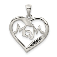 Sterling Silver 925 MOM Heart Pendant with CZ and Rhodium Polish