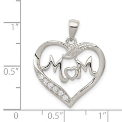 Sterling Silver 925 MOM Heart Pendant with CZ and Rhodium Polish