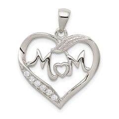 Sterling Silver Rhodium-plated MOM CZ Heart Pendant