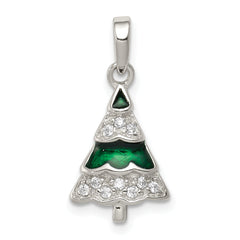 Sterling Silver Rhodium-plated CZ and Enameled Christmas Tree Pendant