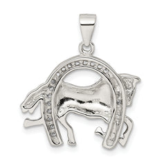 Men's Sterling Silver Rhodium-Plated Horse & Horseshoe CZ Pendant Elegant Finish