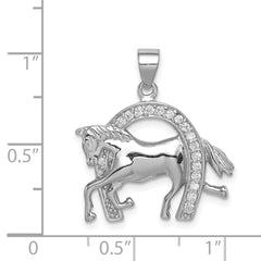 Men's Sterling Silver Rhodium-Plated Horse & Horseshoe CZ Pendant Elegant Finish