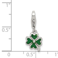 Sterling Silver 925 Polished Four Leaf Clover Charm with Green Enamel