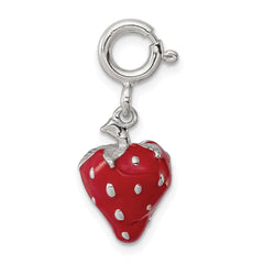 Sterling Silver Rhodium-Plated 3D Strawberry Charm with Red Enamel Finish