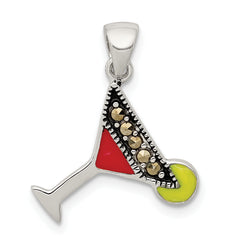 Sterling Silver Rhodium-plated and Hematite-plated Marcasite Red and Green Enameled Martini Pendant