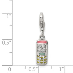 Sterling Silver Rhodium-Plated CZ Cell Phone Charm with 3D Enameled Design