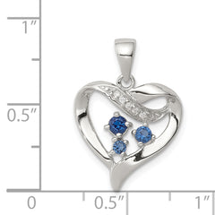Sterling Silver Rhodium-Plated Blue Glass CZ Heart Pendant Elegant 925 Jewelry
