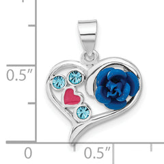 Sterling Silver 925 Rose Heart Pendant with Blue CZ Enamel Detailing