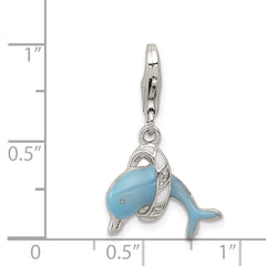 Sterling Silver 925 Polished Dolphin Charm with Enamel Blue Accent