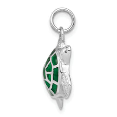 Sterling Silver 925 Green Enamel Turtle Charm with Rhodium Plating