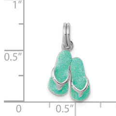 Sterling Silver Rhodium-Plated Green Enamel Flip Flops Charm