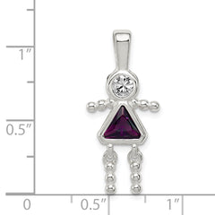 Sterling Silver 925 Girl Pendant with Rhodium-Plated CZ and February Birthstone