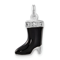 Sterling Silver Polished CZ & Black Enamel Boot Charm