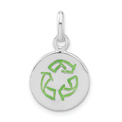 Sterling Silver Polished & Green Enameled Round Recycle Charm