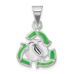 Sterling Silver Polished & Green Enameled Recycle Pendant