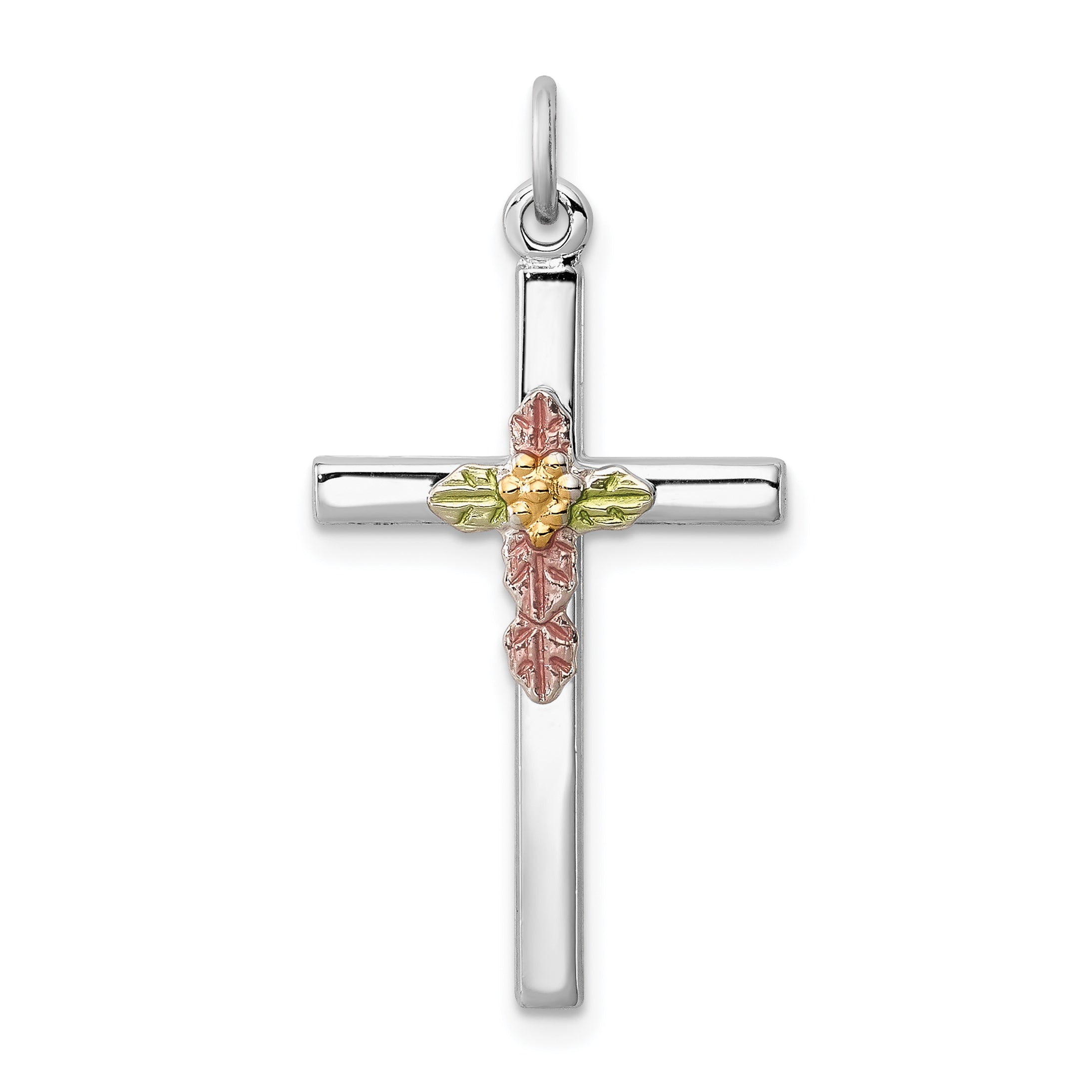 Sterling Silver Rhodium-plated Polished Epoxy & Gold-plated Cross Pendant