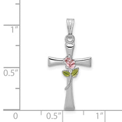 Sterling Silver Rhodium-Plated Cross Pendant with Epoxy Rose Center