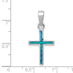 Sterling Silver 925 Thin Cross Pendant with Blue Opal Inlay