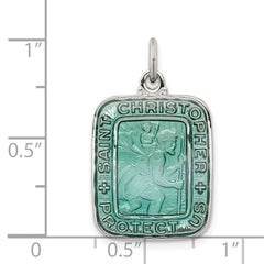 Sterling Silver St. Christopher Pendant with Teal Enamel and Platinum Finish