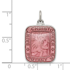 Sterling Silver Pink Enamel St. Christopher Pendant with Platinum Finish