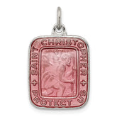 Sterling Silver Pink Enamel Square St. Christopher Medal Pendant