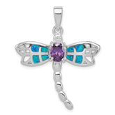 Sterling Silver Rhod plated Creat. Opal Dragonfly Amethyst Pendant