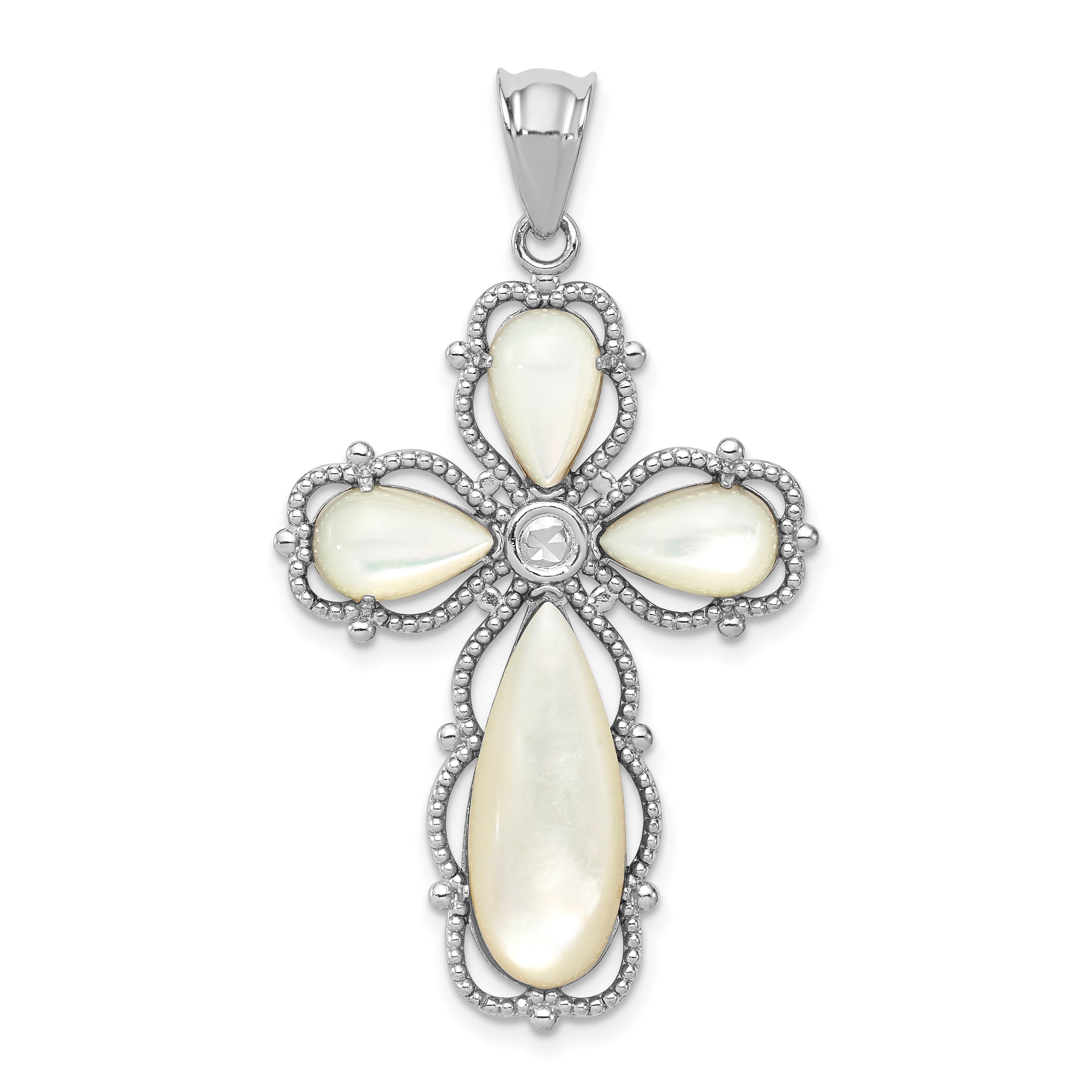 Sterling Silver Rhodium-plated Mother of Pearl Cross Pendant