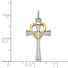 Sterling Silver 925 Two-Tone Cross Heart Pendant by Sophia Jewelers