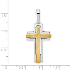 Sterling Silver Two-Tone Cross Pendant with Rhodium and Gold Accents