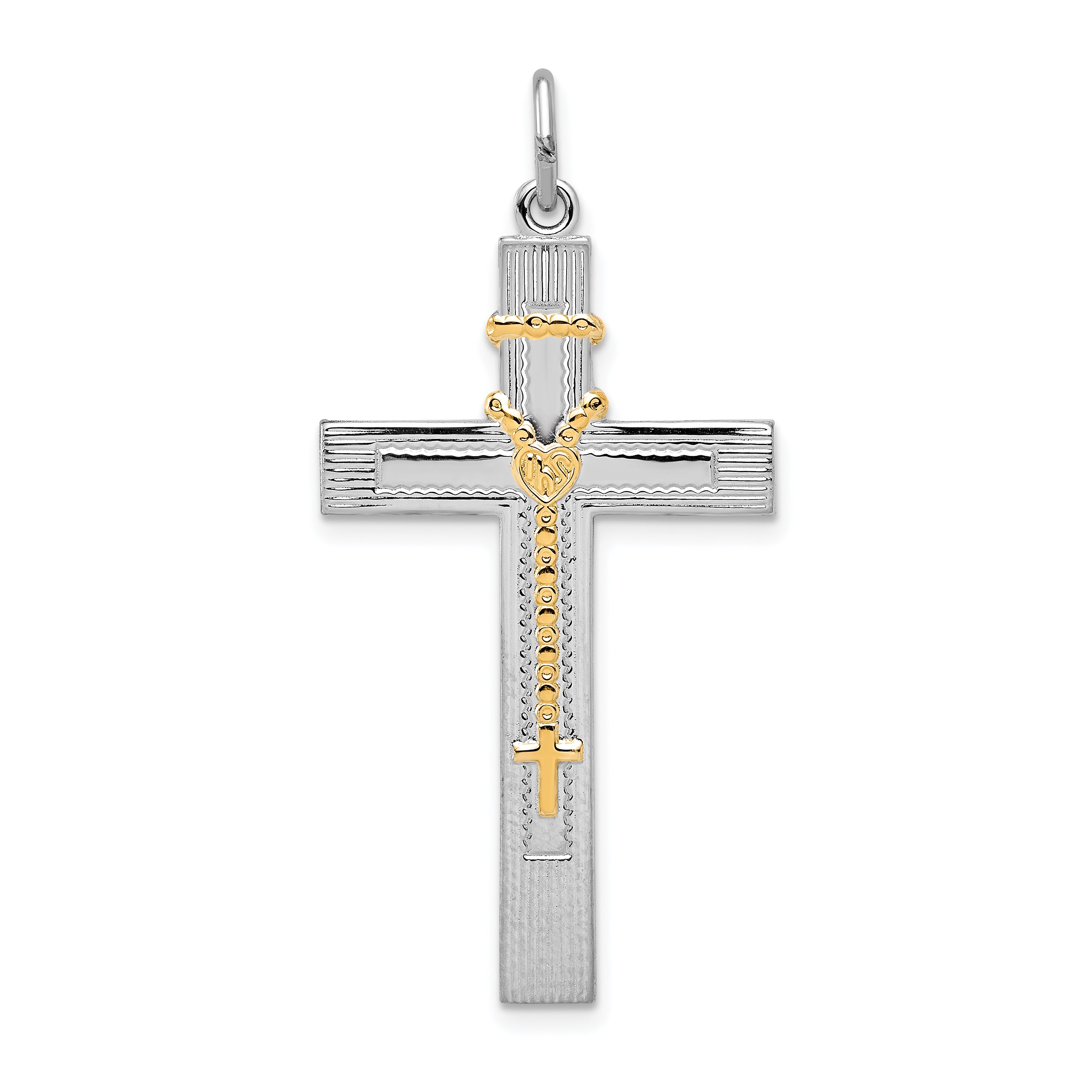 Sterling Silver Rhodium-plated & Gold-tone Rosary on Cross Pendant
