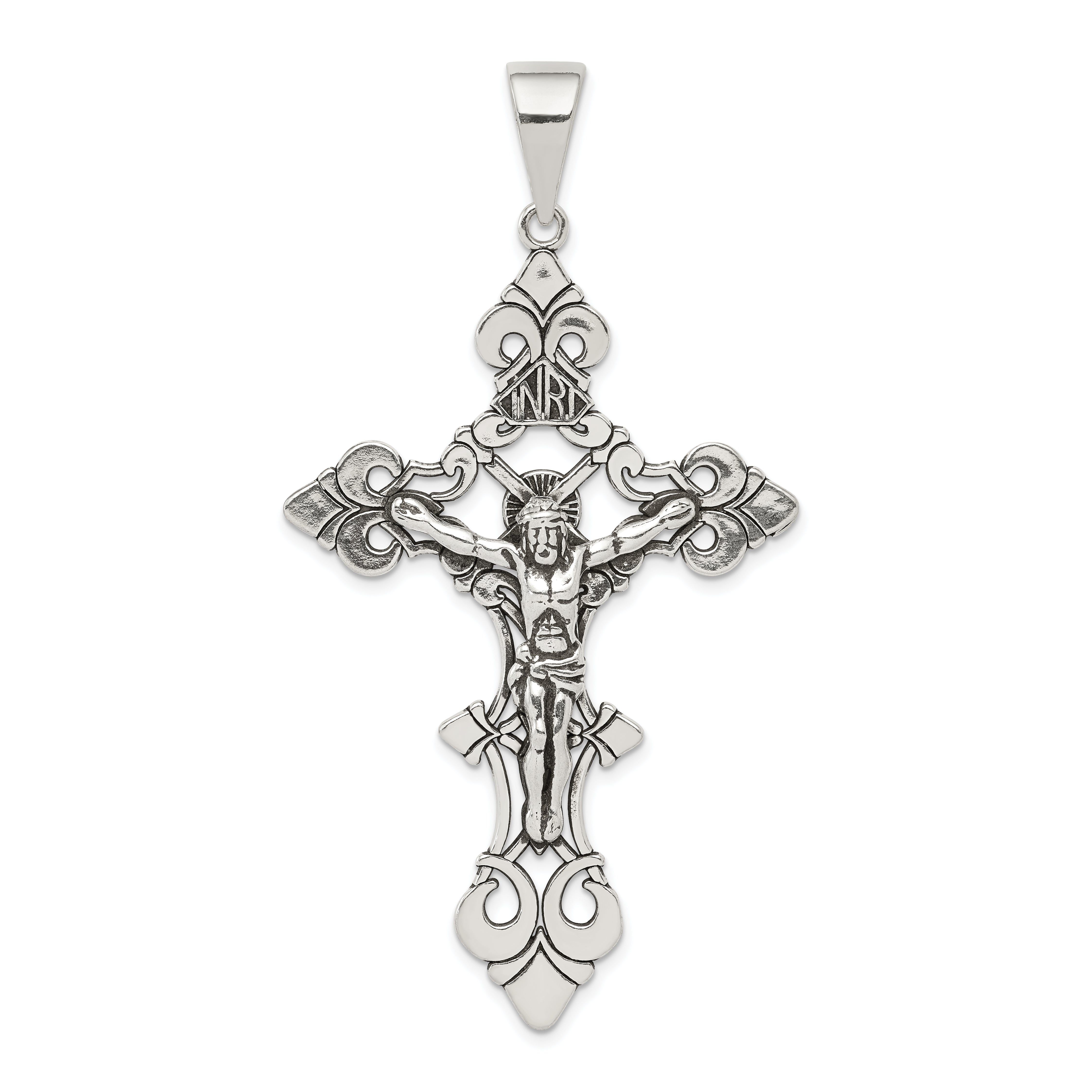 Sterling Silver Antiqued Large INRI Crucifix Pendant