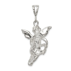 Sterling Silver 925 Flying Angel Pendant with Heart, Polished & Textured