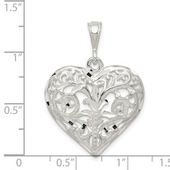 Sterling Silver 925 Polished Filigree Heart Pendant with Anti-Tarnish Finish