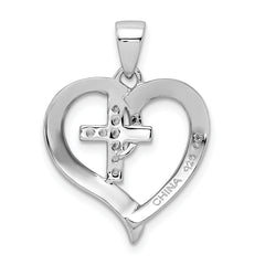 Sterling Silver 925 Heart Pendant with CZ Cross and Rhodium Finish