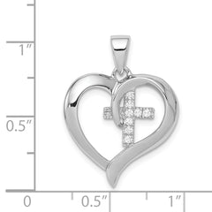 Sterling Silver 925 Heart Pendant with CZ Cross and Rhodium Finish